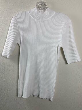 Madison Grey Ribbed Off White Short-Sleeve Mock Neck 3/4 Sleeves Sweater Medium